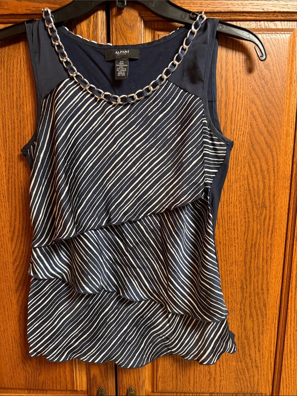 Alfani Navy and White Striped Layered Sleeveless Top with Chain Accent